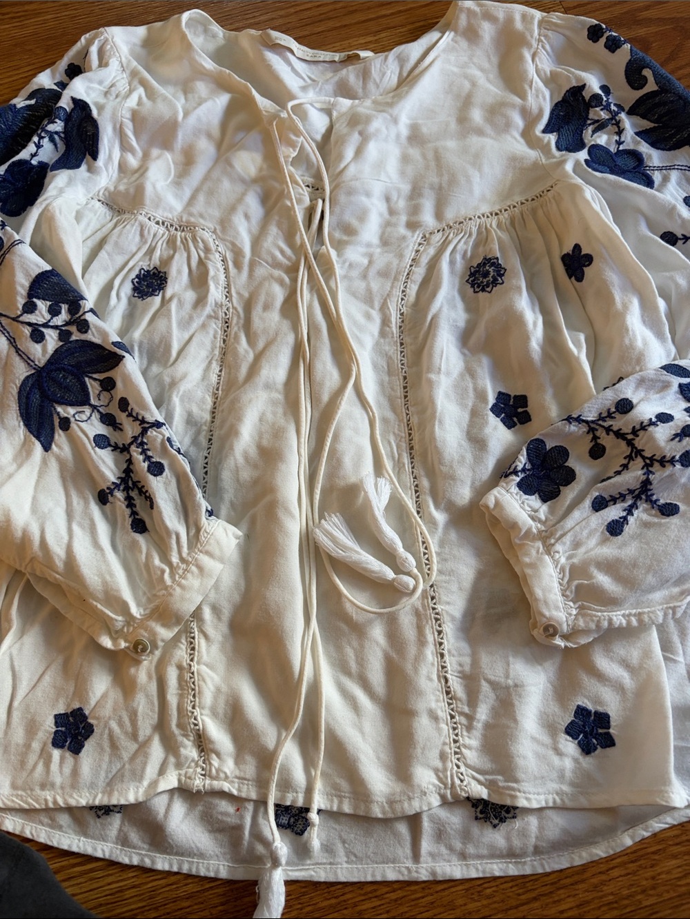 Zara White Peasant  top  with Navy Blue Embroidery